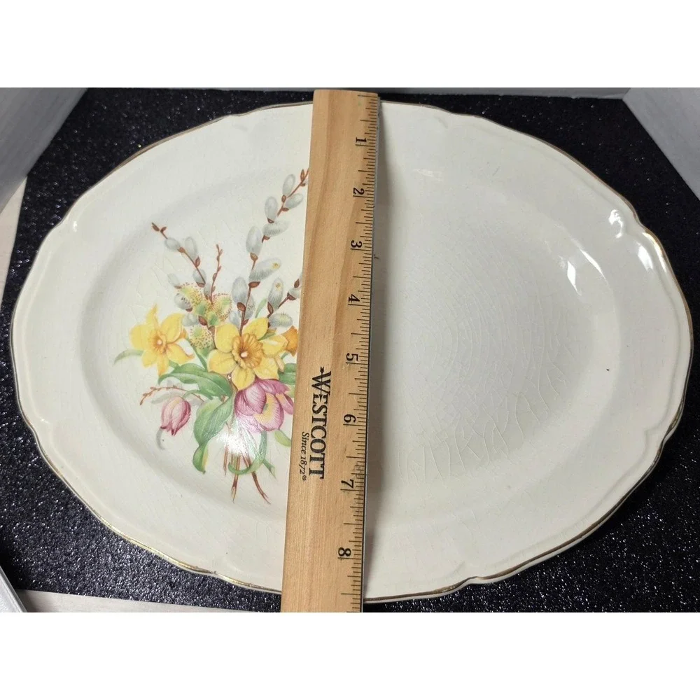 Vintage Floral Ceramic Oval Serving Platter Daffodils Tulips Gold Rim 11.5in